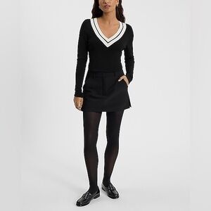 Express Fitted Tipped V-Neck Sweater Black and White